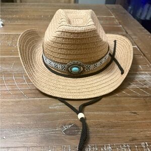 Tan Straw Cowboy Hat with Turquoise Accent